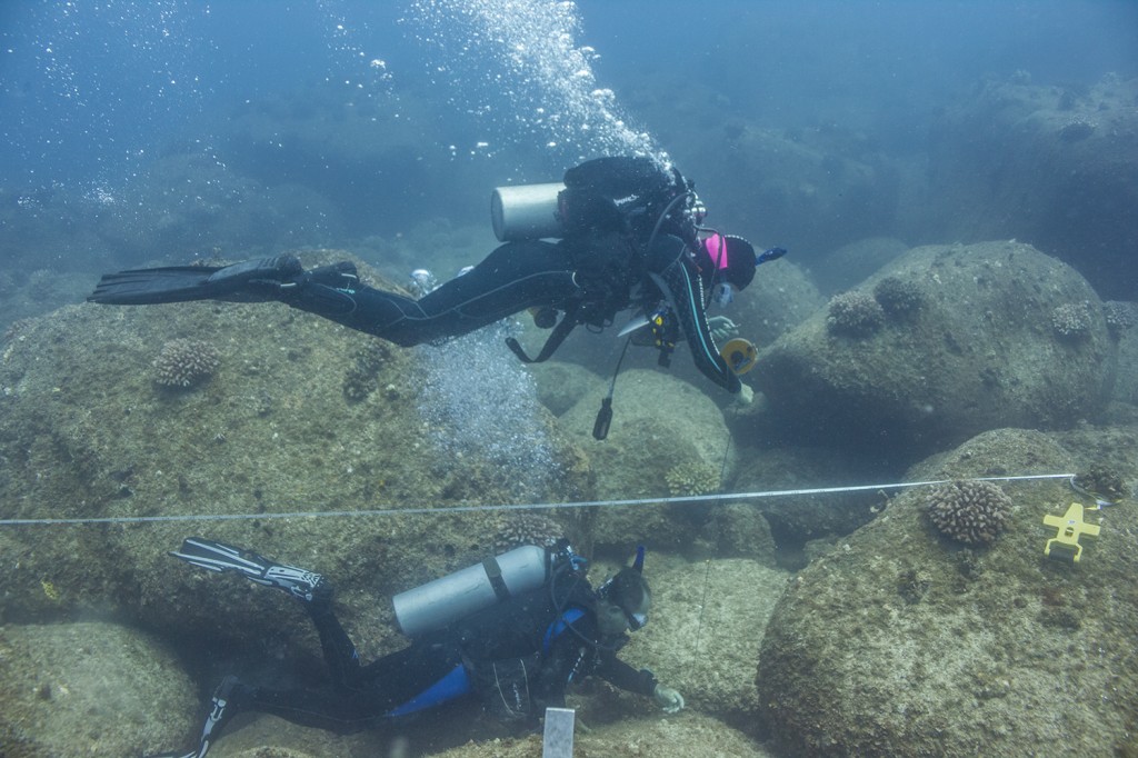 Unspooling the chain for Randall during a rugosity survey. 