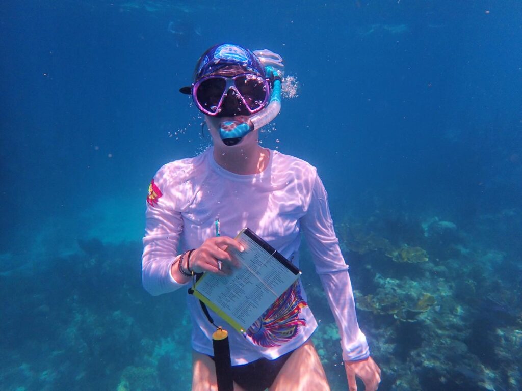 Performing a REEF fish ID survey with a group of students. 

Photo Credits: Madalyn Mussey